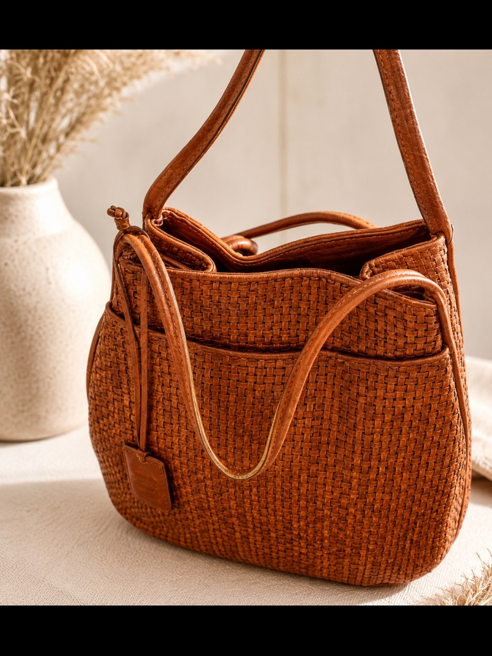 Vintage CEM Woven Leather Crossbody Bag Cognac Brown Basket Weave Boho 90s